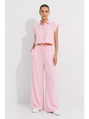 Rays Pembe Cepli Crop Gömlek Pantolon Takım 7157
