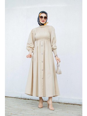 Tesettür Diyarı Gipeli Düğmeli Pamuk Cotton Elbise- Krem