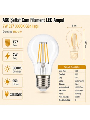 Heka A60 Şeffaf Cam Filament LED Ampul 7W E27 3000K Gün Işığı ERD-310