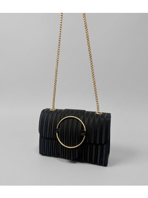 Addy Çizgili Desenli Stripe & Glam Gold Zincir Askılı Portföy Omuz ve El Çantası E19B12