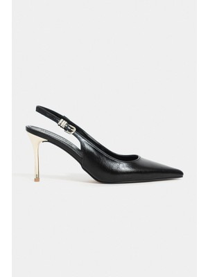 Nişantaşı Shoes Viora Siyah Rustik Kemer Detay Kadın Altın Topuklu Ayakkabı