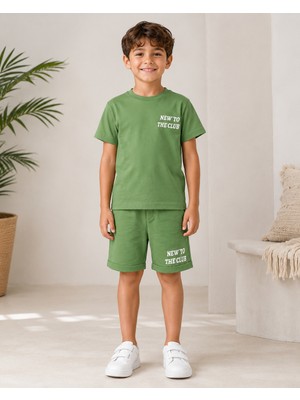 KR Kids Çocuk Haki Yeşil Kısa Kollu Tişört ve Şort Takımı New To The Club Baskılı Günlük Yazlık Takım
