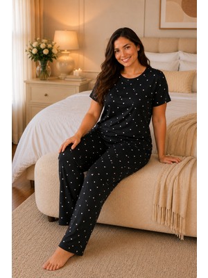 Ebru Tesettür Kalpli Büyük Beden Pijama Takımı Siyah