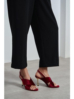 Nişantaşı Shoes Zoya Bordo Kadife Çapraz Bant Ince Topuklu Kadın Sandalet