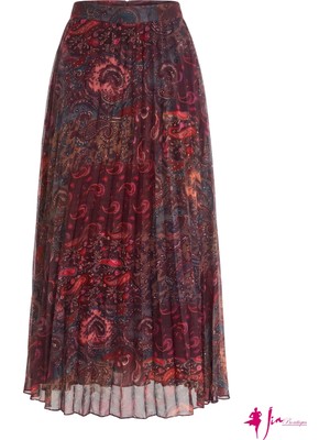 Bordo Şal Desenli Pileli Şifon Maxi Etek