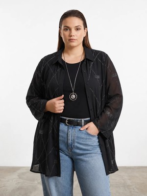 Bihan Store Kadın Battal Beden Bluz ve Gömlek Ikili Takım 62370-SIYAH