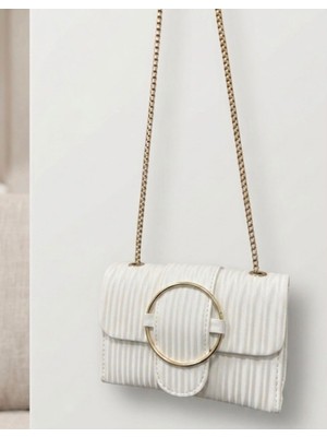 Addy Çizgili Desenli Stripe & Glam Gold Zincir Askılı Portföy Omuz ve El Çantası E19B12