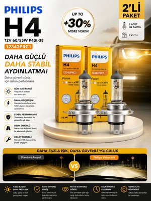 Philips H4 Vision +30% Daha Fazla Işık Far Ampulü 2'li Set Gün Işığı Rengi Uzun Ömürlü