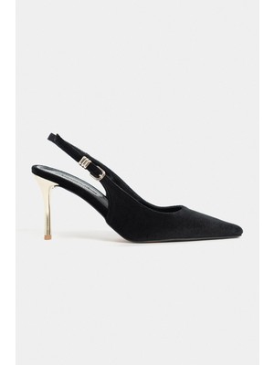 Nişantaşı Shoes Viora Siyah Kadife Kemer Detay Kadın Altın Topuklu Ayakkabı