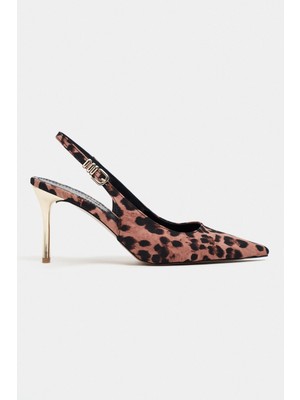 Nişantaşı Shoes Viora Leopar Saten Kemer Detay Kadın Altın Topuklu Ayakkabı