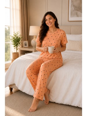 Ebru Tesettür Kalpli Büyük Beden Pijama Takımı Turuncu