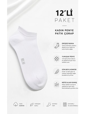 Belyy 12 Li Paket Penye Dikişsiz Kadın Beyaz Patik Çorap