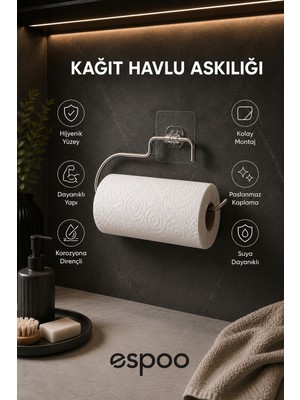 Espoo Design Yapışkanlı Kağıt Havluluk Krom Kağıt Havlu Askısı Tutacağı Metal Banyo Mutfak Havluluğu