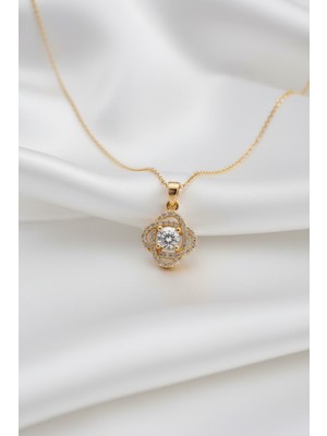 Lorivelle Premium Pırlanta Kesim Zirkon Taşlı Halo Kadın Kolye - Büyüleyici ve Modern Tasarım (Altın Renk, 45+5 Cm)