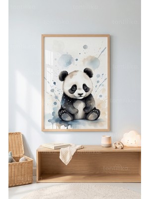 Tontilika Panda Aşkı Minimalist Sevimli Hayvan Portresi 1. Kalite Ahşap Çerçeveli Tablo