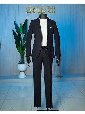 Beystil Sivri Yaka Lacivert Spor Casual Jogger Takım Gofre- Slim Fit
