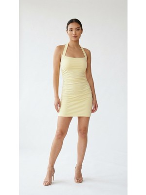 Sagre&Sisters Halter Yaka Şık Beli Büzgülü Mini Elbise - Kırmızı & Sarı