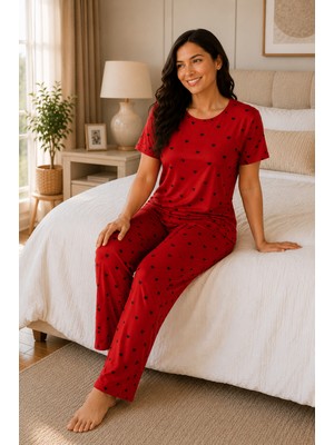 Ebru Tesettür Kalpli Büyük Beden Pijama Takımı Kırmızı