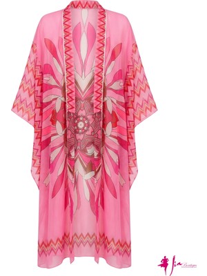 Pembe Geometrik Desenli Şort Kimono Takım