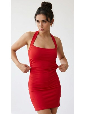 Sagre&Sisters Halter Yaka Şık Beli Büzgülü Mini Elbise - Kırmızı & Sarı
