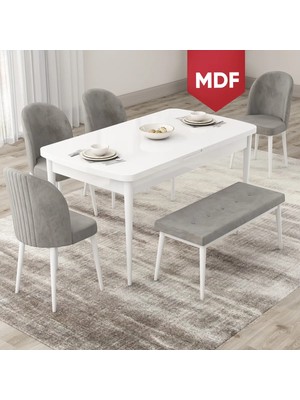 Canisa Concept Roe Serisi MDF Açılabilir 80X132 Beyaz Mutfak Masası Takımı 4 Sandalye 1 Bench