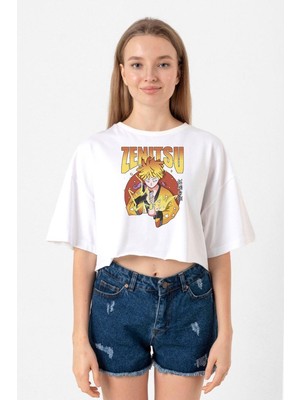 Demon Slayer Anime Zenitsu Poster Beyaz Kadın Crop Tshirt