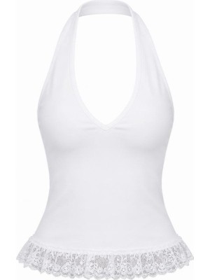Sagre&Sisters Halter Yaka Dantel Detaylı Viskon Ribana Kadın Bluz – Siyah & Ekru