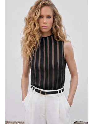 Sateen Çizgili Organze Kolsuz Bluz - Siyah
