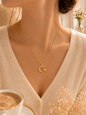 Jammy Jewerly Gold Renk Ay ve Yıldız Kolye – Zarif Minimal Kadın Kolyesi