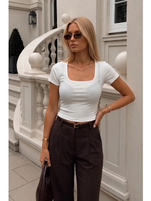 Asfaha Fashion Kadın U Yaka Fitilli Kısa Kollu Beyaz Bluz