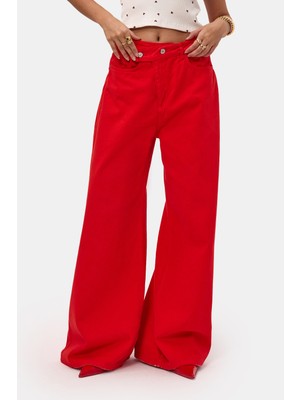 It's Basic Kadın Kırmızı 6s6-19 Mega Baggy Fit Kemer Detaylı Denim Jean