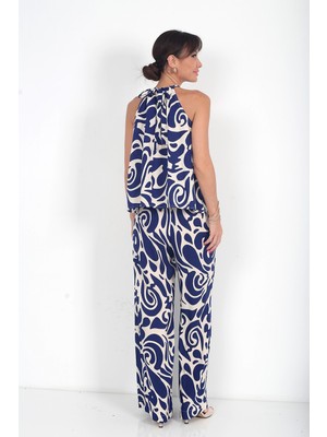 By Saygı Kadın Halter Yaka Bluz Beli Lastikli Cepli Palazzo Pantolon Desenli 2\'li Takım