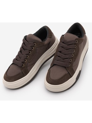Marjin Kadın Sneaker Kalın Taban Bağcıklı Spor Ayakkabı Sifaz Kahve Saten