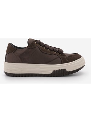 Marjin Kadın Sneaker Kalın Taban Bağcıklı Spor Ayakkabı Sifaz Kahve Saten