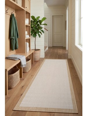 Koza Halı Fresco Ekru Natural İskandinav Jüt Yıkanabilir Bordürlü Halı Kilim Balkon Teras Mutfak Halısı 23745A, 100 x 300