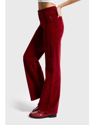 It's Basic Kadın Bordo 29W5-35 Straight Cropped Fit Elastan Velvet Kadife Kumaş Pantolon
