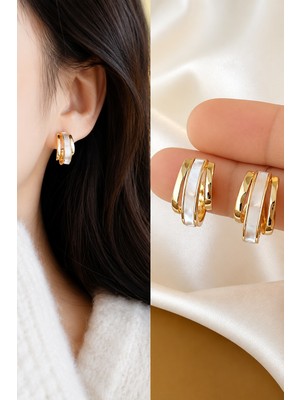Trend Collection Gold Beyaz Detaylı Halka Küpe Şık Kadın Küpe