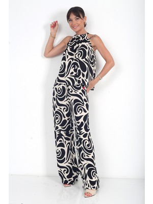 By Saygı Kadın Halter Yaka Bluz Beli Lastikli Cepli Palazzo Pantolon Desenli 2\'li Takım
