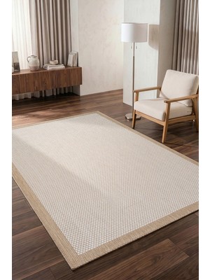 Koza Halı Fresco Ekru Natural İskandinav Jüt Yıkanabilir Bordürlü Halı Kilim Balkon Teras Mutfak Halısı 23745A, 200 x 250