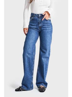 It's Basic Kadın Mavi Renk Doris 2W5-5 Straight Fit Yüksek Bel %100 Koton Iç Boy 80CM Denim Jean