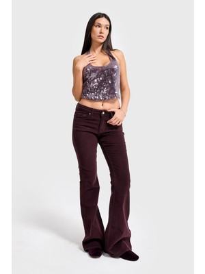 It's Basic Kadın Koyu Bordo 29W5-153 Flare Fit Esnek Ince Fitilli Velvet Kadife Kumaş Pantolon