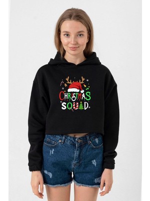 Tshirthane Christmas Squad Siyah Kadın Crop Kapşonlu