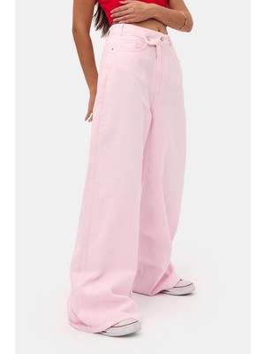 It's Basic Kadın Light Pembe 6s6-98 Mega Baggy Fit Kemer Detaylı Denim Jean