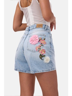 It's Basic Kadın Mavi 4s6-3 Mom Relax Gül ve Nakış Detaylı Özel Tasarım Denim Şort