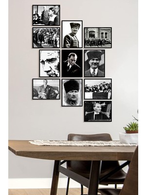 Çerçevesiz Çerçeve Görünümlü Atatürk Fotoğrafları 11 Parça Mdf Tablo Seti Çoklu Baskı