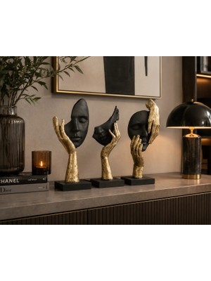 Doremcy 3’lü El Detaylı Dekoratif Biblo Seti – Modern Minimalist Tasarım, Altın Renk, Polyester
