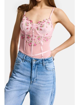 It's Basic Kadın Pembe W5 Çıtçıtlı Toparlayıcı Özel Çiçek ve Dantel Desenli Tasarım Askılı Body