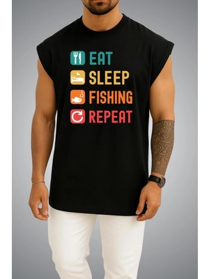 Bahriyeli Collection Oversize Eat Sleep Fishing Repeat Göğüs Baskılı Atlet