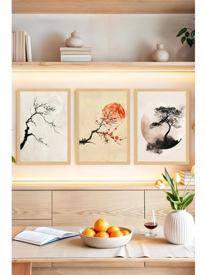 Japon Estetiğinde Minimal Sanat: Ay ve Ağaç Temalı Çerçeve Görünümlü 3'lü Tablo Set Crvs1