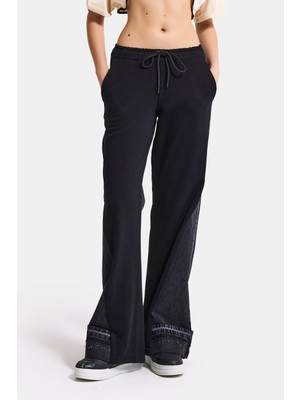 It's Basic Kadın Siyah Renk 1s6-1 Örme Denim Parçalı Loose Fit Tasarım Pantolon